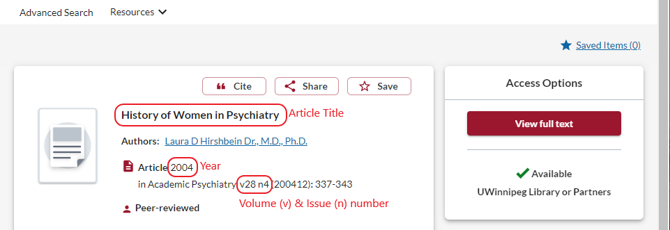 Screenshot of an article record in the online catalogue, indicating where to find the article title, year of publication, and volume and issue number.