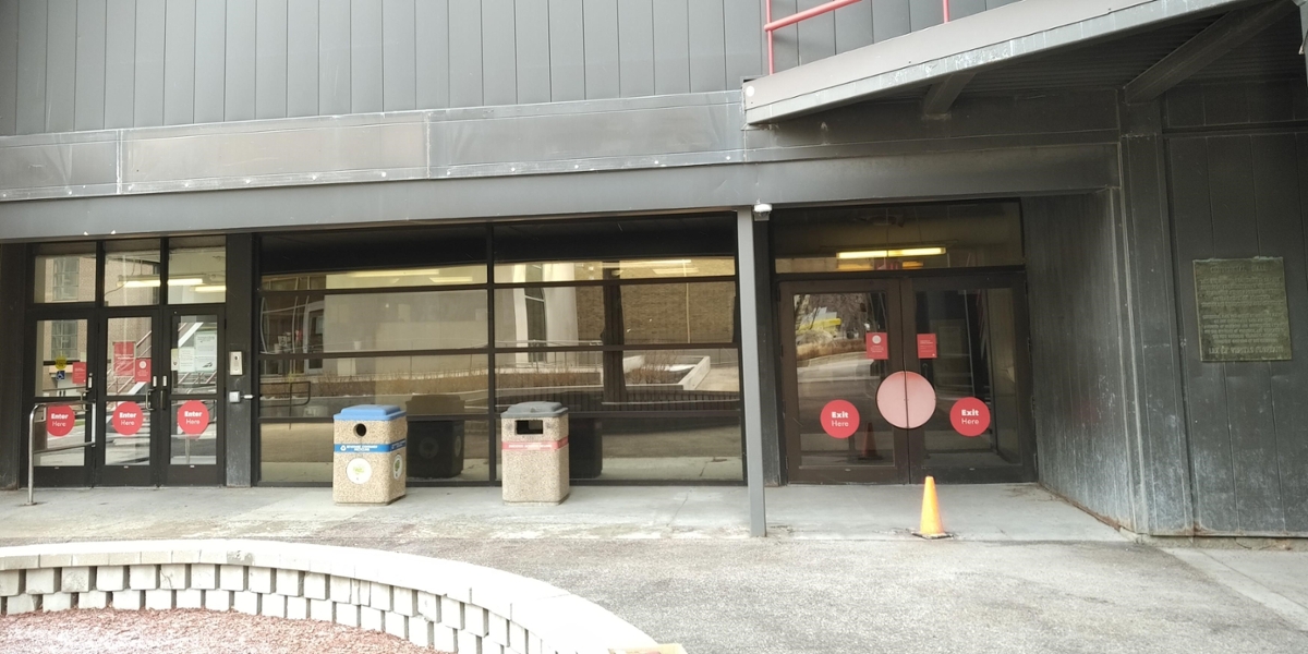 The main entry doors to Centennial Hall.