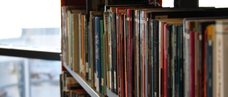 Colourful row of books on a shelf.