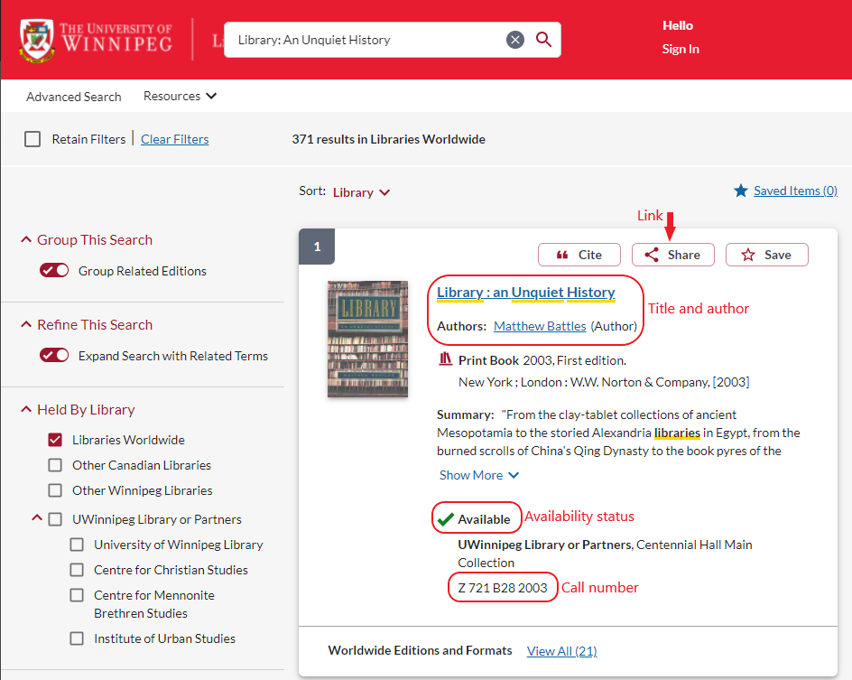 Screenshot of the library catalogue with the requisite elements highlighted.