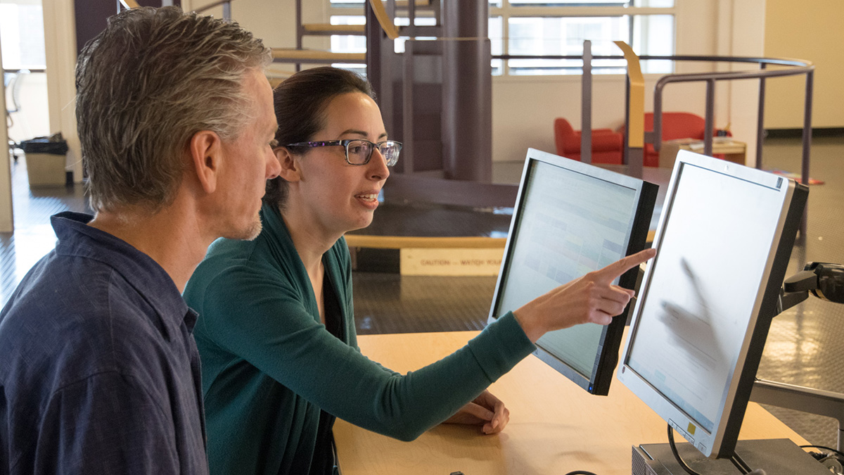 A librarian helps a patron on a computer.