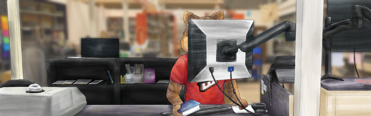 Hand-drawing of Wes Lee mascot working circulation desk 